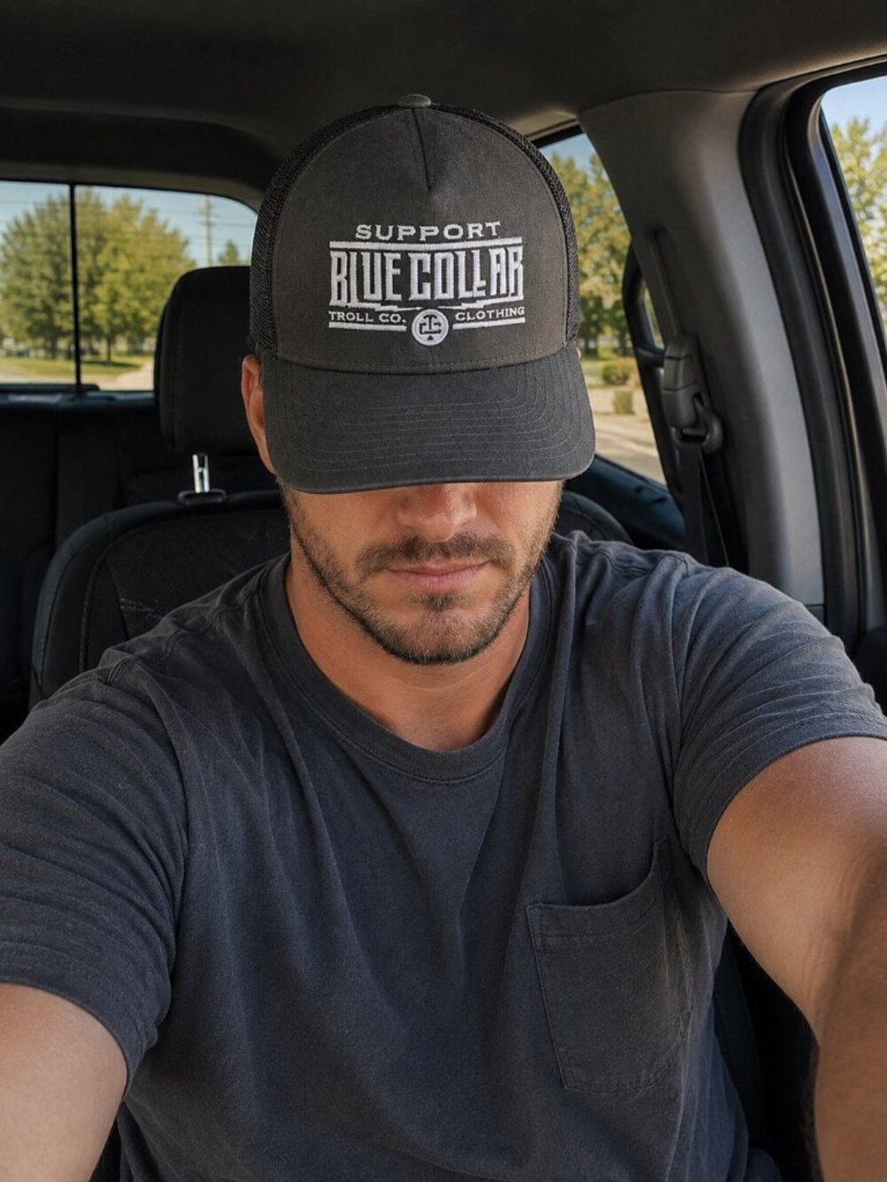 Troll Co Clothing Support Blue Collar Trucker Hat Black Gray Snapback Workwear